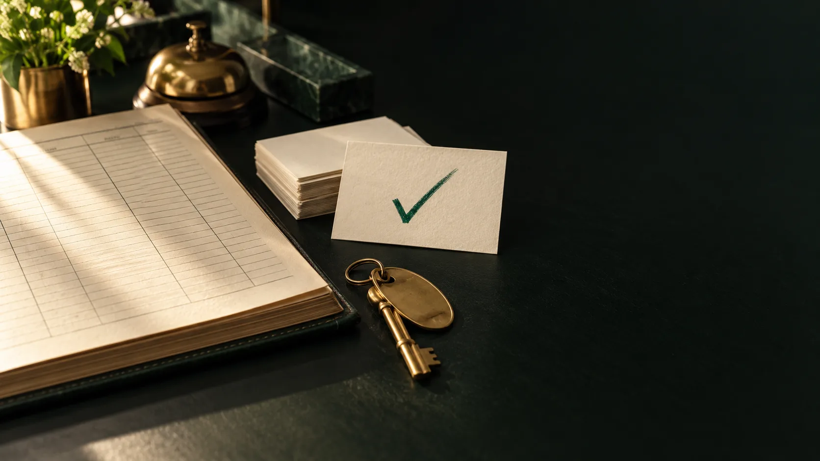 Livro de operação hoteleira, cartões de papel e chave de quarto sobre uma mesa escura; um cartão está marcado com um sinal verde.