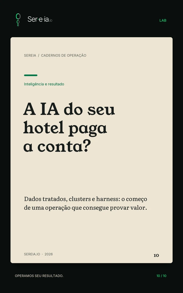 Capa do caderno A IA do seu hotel paga a conta?, com papel sobre mesa escura.