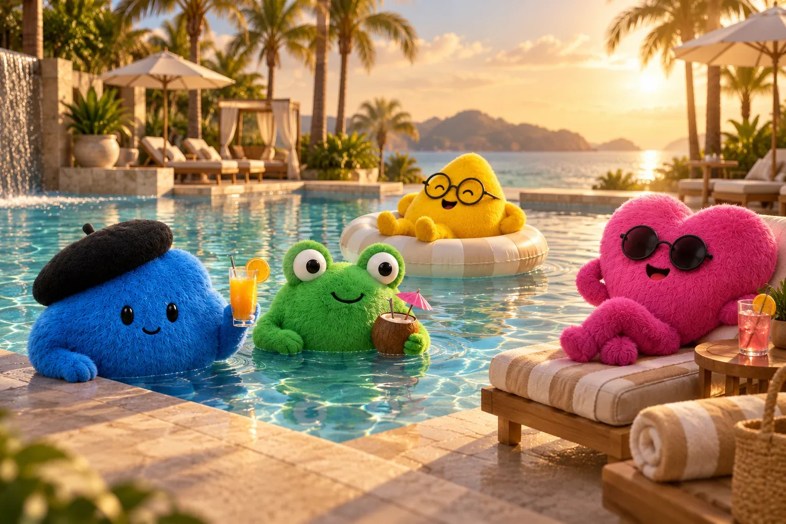 Quatro personagens de pelúcia em uma piscina de hotel, em ilustração conceitual.