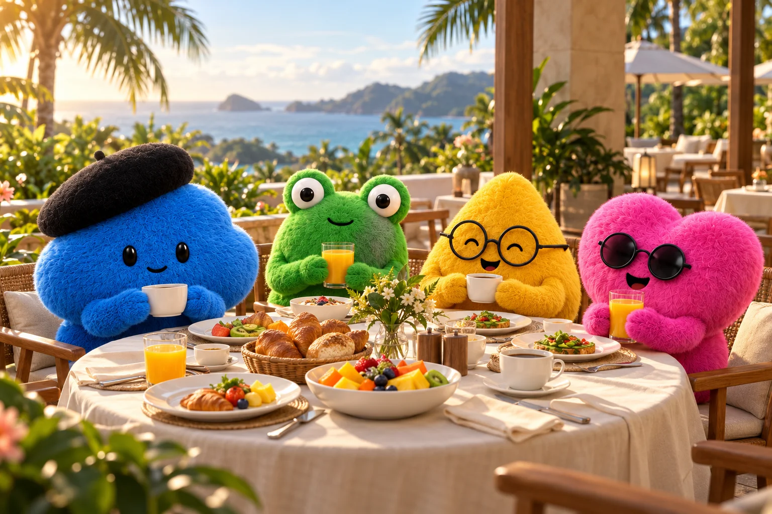 Personagens tomando café da manhã em um hotel, em cena conceitual.