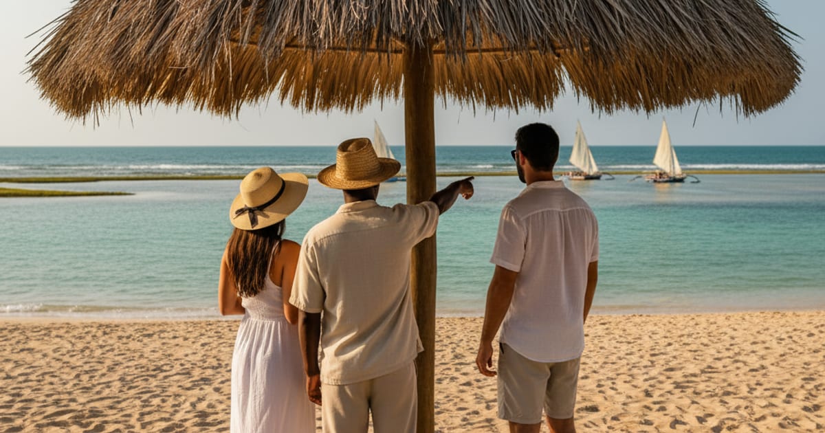 Concierge de praia e casal de costas sob guarda-sol de palha, com o braço apontando barcos a vela sobre piscinas naturais.