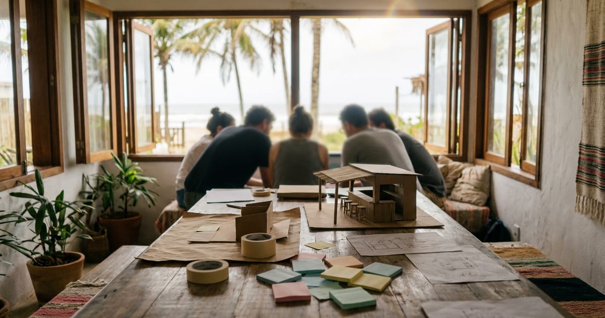 Equipe de costas em sala de reunião de pousada, com protótipos de papel e maquete sobre a mesa e janelas abertas para o mar.