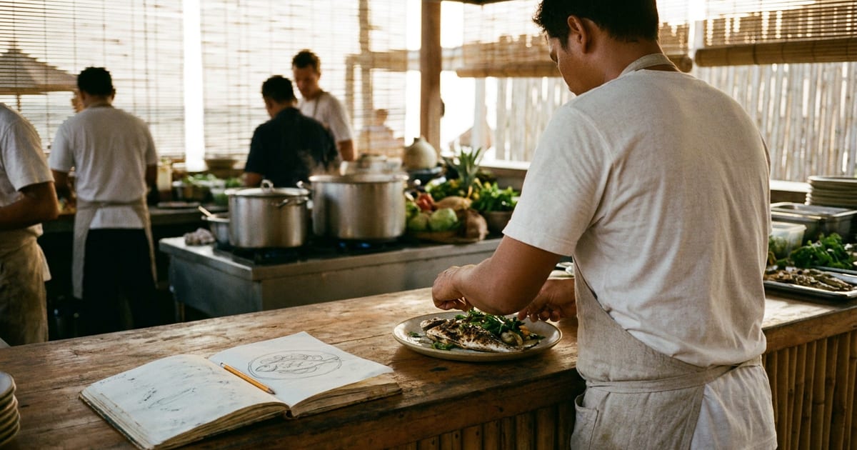 Chef de costas empratando peixe na cozinha aberta, com o esboço do prato num caderno ao lado.