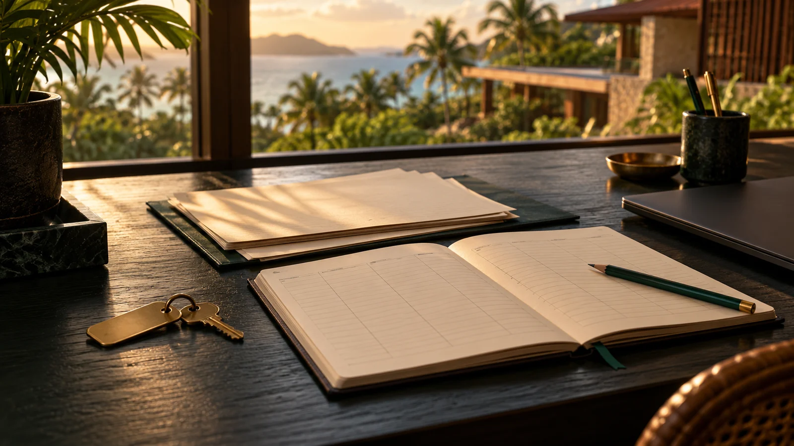 Agenda aberta e propostas em papel sobre uma mesa de planejamento comercial, com um hotel tropical ao fundo.