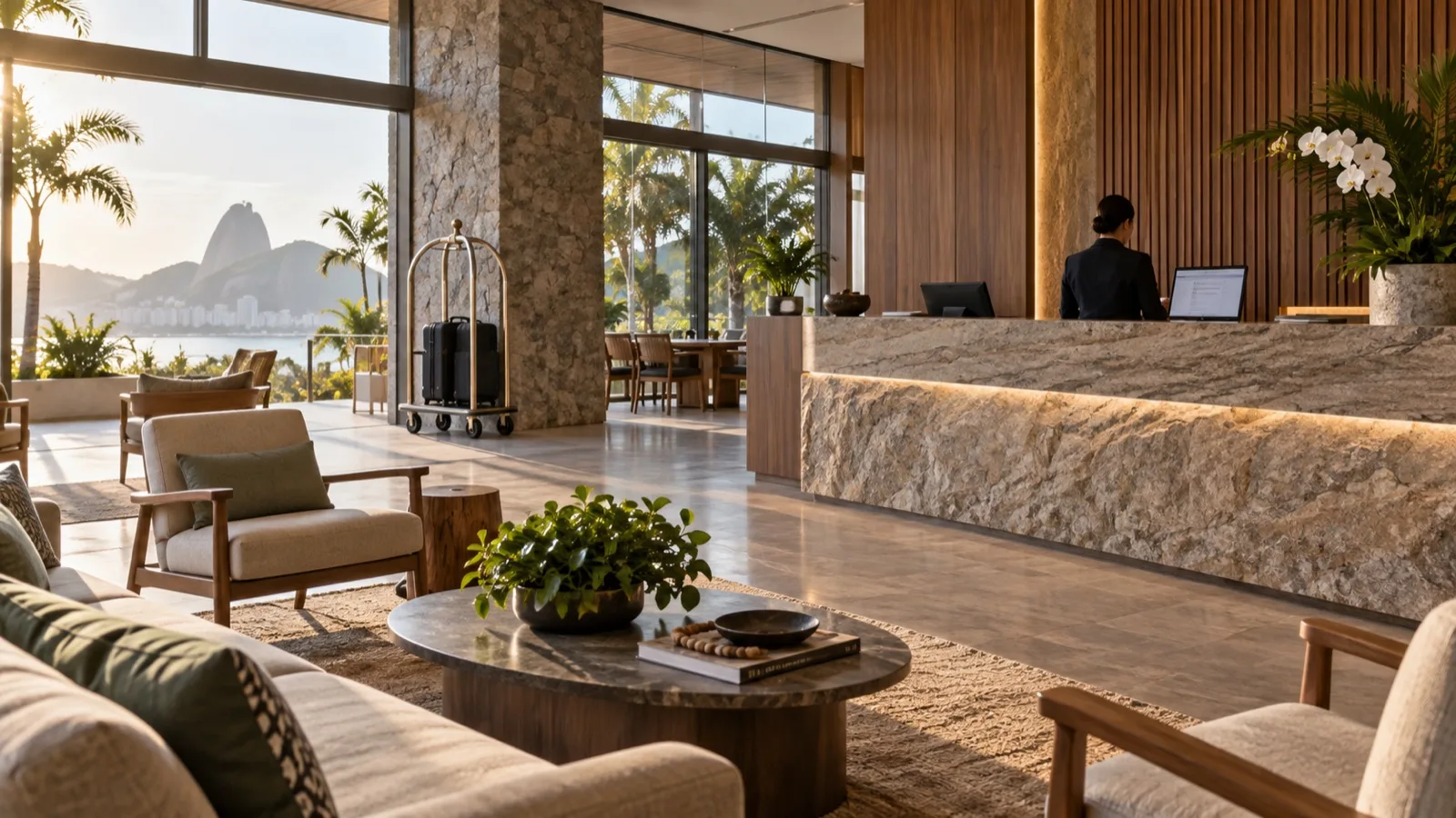 Recepção de hotel com equipe em atendimento e luz natural.
