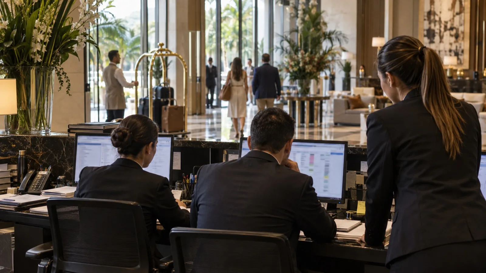 Equipe de hotel trabalhando na recepção enquanto hóspedes circulam pelo lobby.