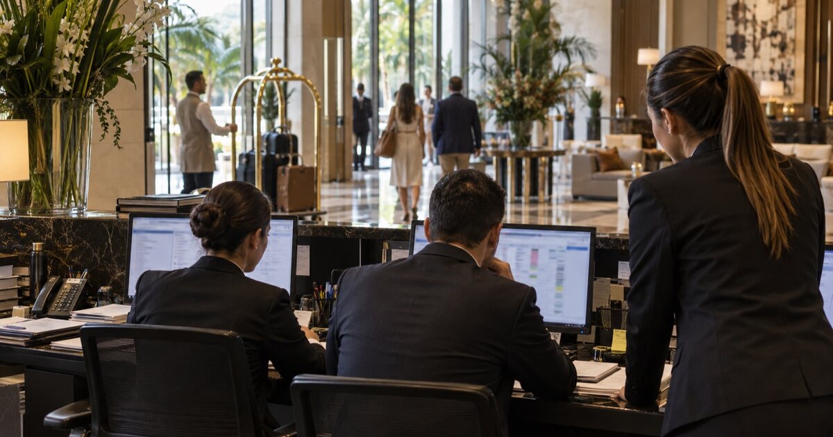 Equipe de hotel trabalhando na recepção enquanto hóspedes circulam pelo lobby.