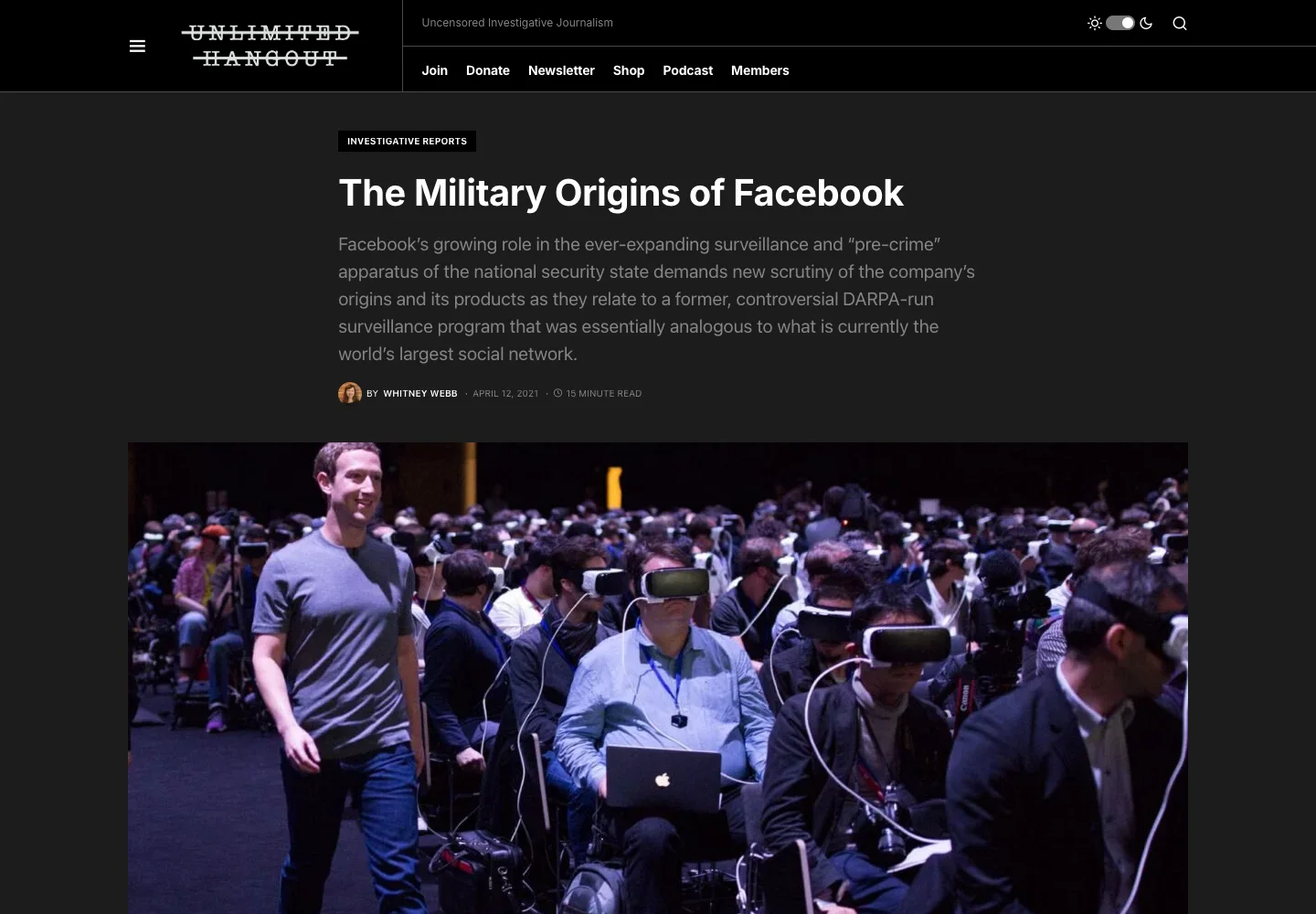 Cabeçalho do artigo The Military Origins of Facebook, de Whitney Webb, publicado em 2021
