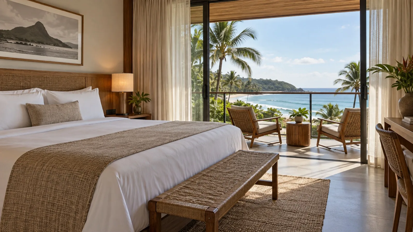 Quarto de hotel com varanda voltada para a praia.