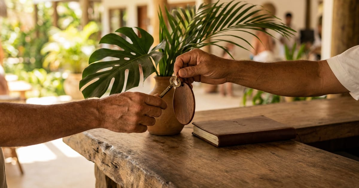 Mãos no balcão de madeira da recepção: o hóspede recebe a chave do quarto, com plantas tropicais ao fundo.