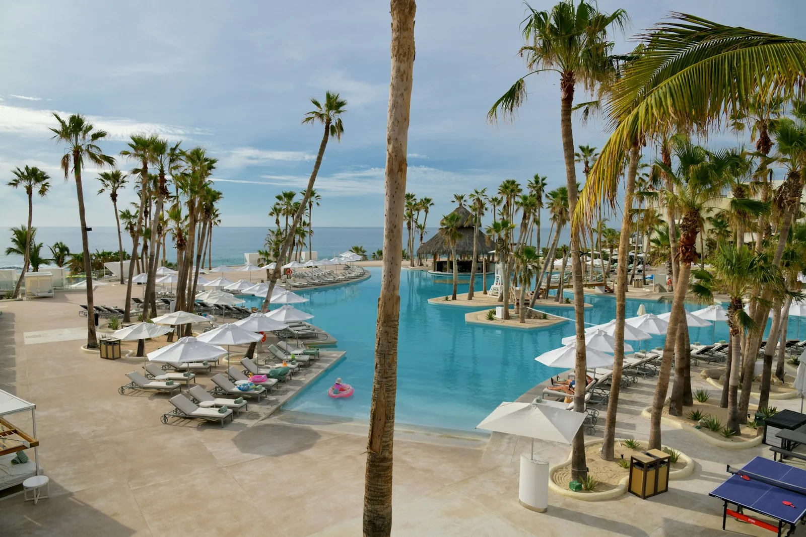 Piscina de um resort de praia cercada de coqueiros, com o mar ao fundo.