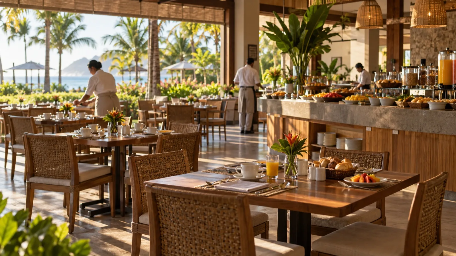 Restaurante de hotel preparado para o café da manhã.